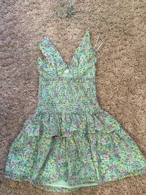 Floral Ruffle Smocked Mini Dress - Mint Green